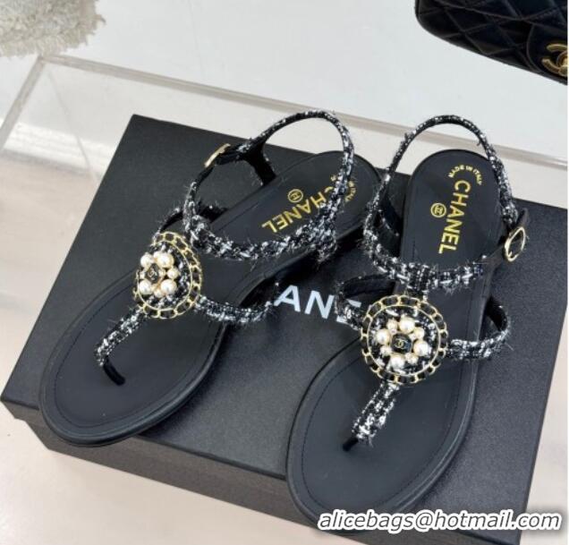 Low Price Chanel Tweed Flat Thong Sandals with Pearls Black 2025 CH030307