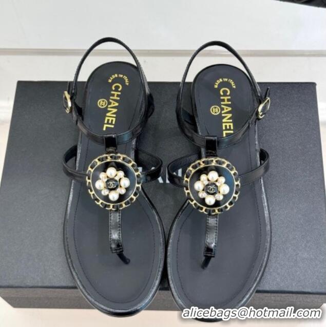 Most Popular Chanel Calfskin Flat Thong Sandals with Pearls Black 2025 CH030307