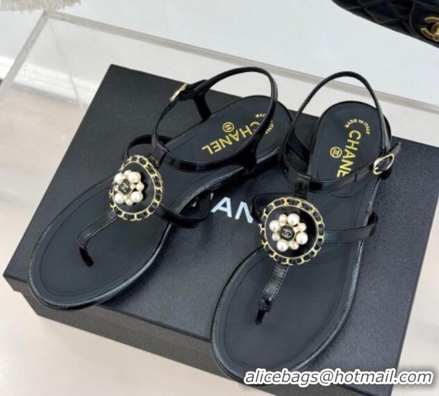 Most Popular Chanel Calfskin Flat Thong Sandals with Pearls Black 2025 CH030307