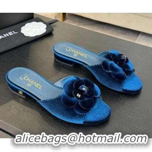 Top Grade Chanel Velvet Flat Slides Sandal with Camellia Bloom Blue 2025 G45928