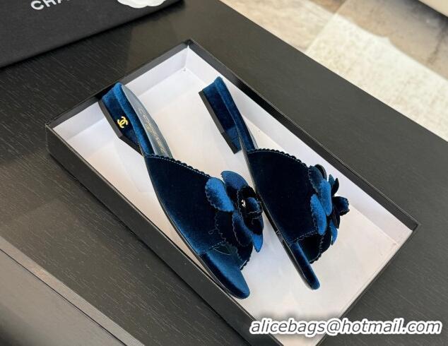 Top Grade Chanel Velvet Flat Slides Sandal with Camellia Bloom Blue 2025 G45928