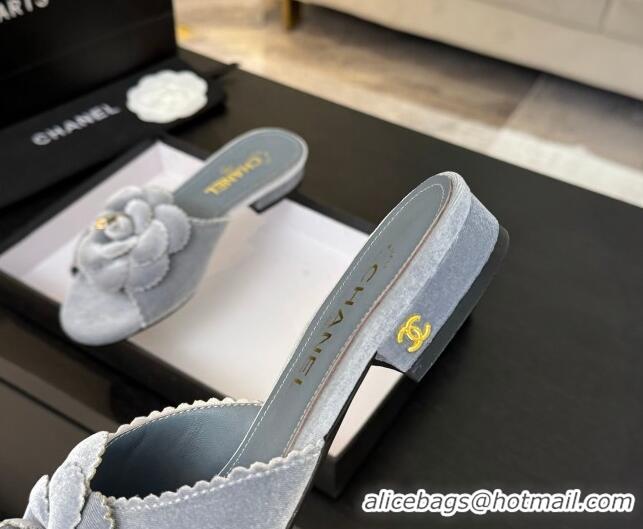 Durable Chanel Velvet Flat Slides Sandal with Camellia Bloom Grey 2025 G45928