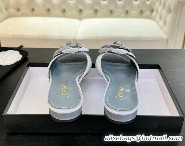 Durable Chanel Velvet Flat Slides Sandal with Camellia Bloom Grey 2025 G45928