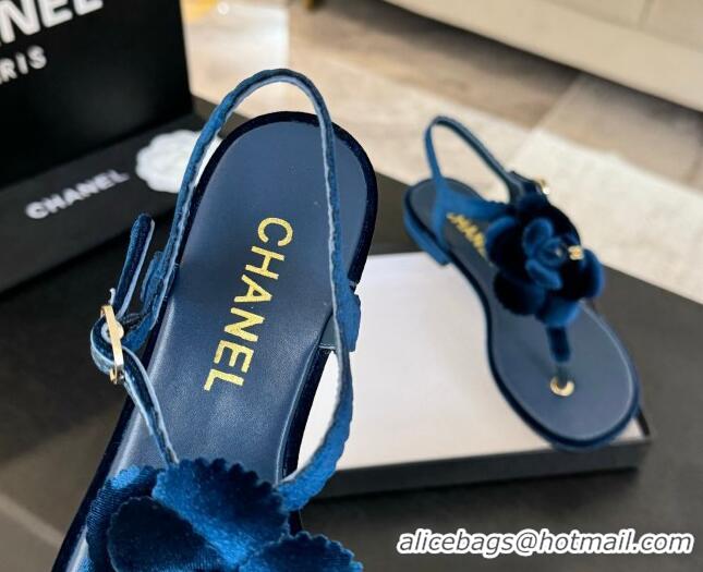 Best Product Chanel Velvet Flat Thong Sandals with Camellia Bloom Blue 2025 G45928