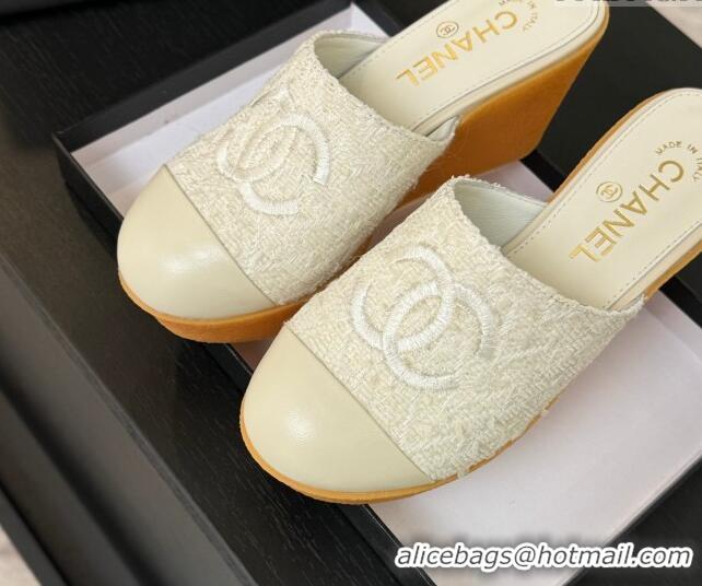 Good Product Chanel Tweed Wedge Mules White 2025 CH030308