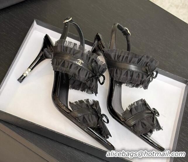 Luxury Discount Chanel Lambskin & Satin Heel Sandals 8cm with Bow and Fringe Black 2025 CH030309