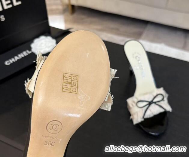 Shop Cheap Chanel Lambskin & Satin Heel Slides Sandal 8cm with Bow and Fringe White 2025 CH030309