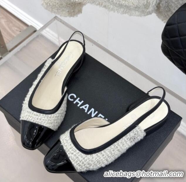 Luxury Cheap Chanel Tweed & Patent Calfskin Slingback Flats G46000 White