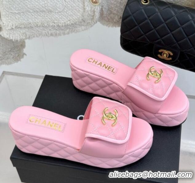 Luxurious Chanel Quilted Lambskin Wedge Slides Sandal with Foldover Pink 2025 CH030314