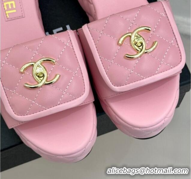 Luxurious Chanel Quilted Lambskin Wedge Slides Sandal with Foldover Pink 2025 CH030314