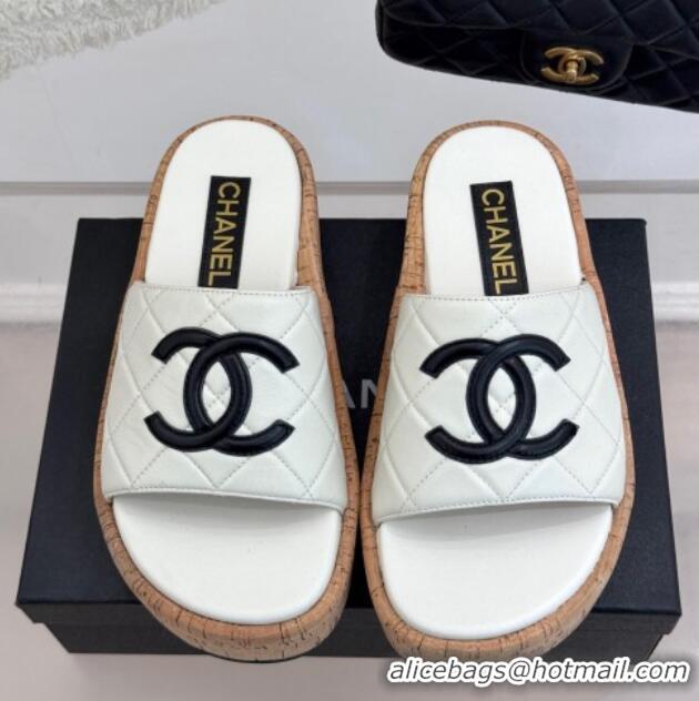 Duplicate Chanel Quilted Lambskin & Wood-Like Platform Slides Sandal White 2025 CH030316