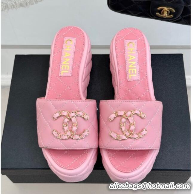 Perfect Chanel Quilted Lambskin Wedge Slides Sandal 6.5cm with Chain CC Light Pink 2025 CH030318