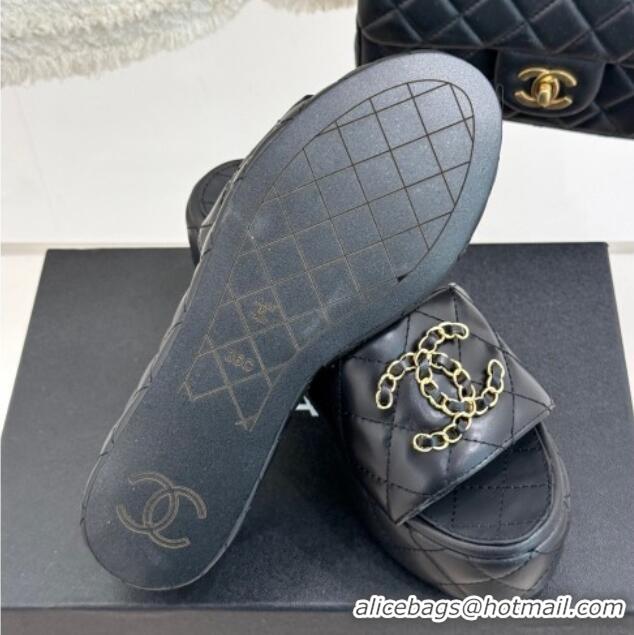 Modern Chanel Quilted Lambskin Wedge Slides Sandal 6.5cm with Chain CC Black 2025 CH030318