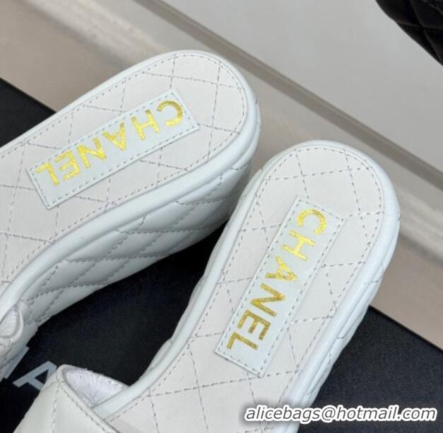 Stylish Chanel Quilted Lambskin Wedge Slides Sandal 6.5cm with Chain CC White 2025 CH030318
