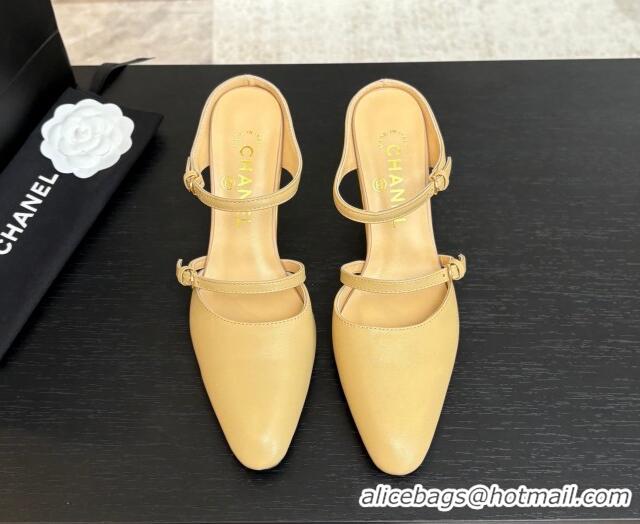 Purchase Chanel Calfskin Wedge Mules with Buckle Strap and Clear Heel Beige 2025 CH030321