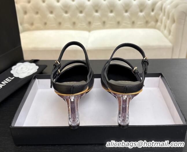 Shop Cheap Chanel Calfskin Leather Wedge Mules with Buckle Strap and Clear Heel Black 2025 CH030321