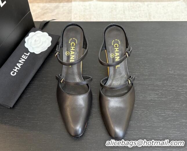 Shop Cheap Chanel Calfskin Leather Wedge Mules with Buckle Strap and Clear Heel Black 2025 CH030321
