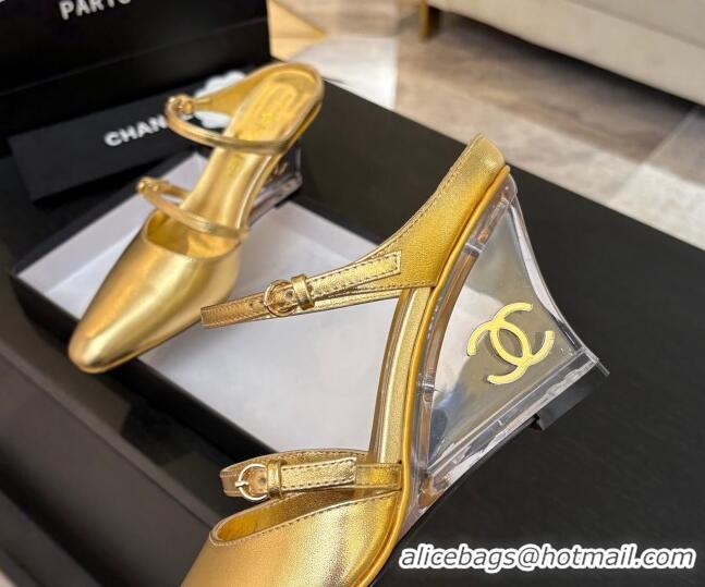 Buy Luxury Chanel Calfskin Wedge Mules with Buckle Strap and Clear Heel Gold Yellow 2025 CH030321