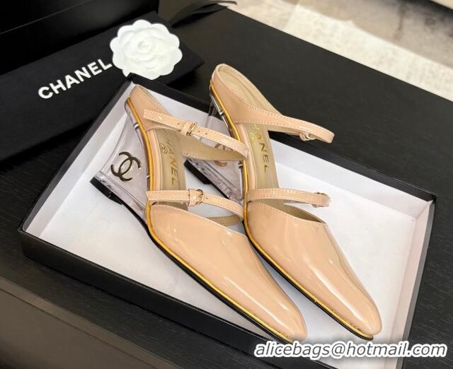 Buy Discount Chanel Patent Calfskin Wedge Mules with Buckle Strap and Clear Heel Nude 2025 CH030321