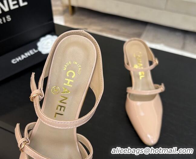 Buy Discount Chanel Patent Calfskin Wedge Mules with Buckle Strap and Clear Heel Nude 2025 CH030321