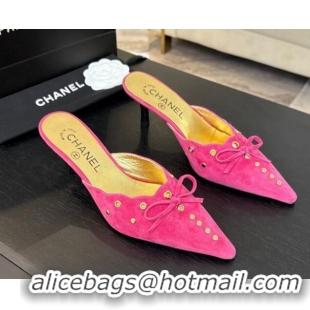 Best Product Chanel Suede Heel Mules 6.5cm with Eyelets and Bow Dark Pink 2025 CH030323