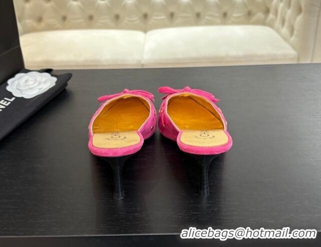 Best Product Chanel Suede Heel Mules 6.5cm with Eyelets and Bow Dark Pink 2025 CH030323