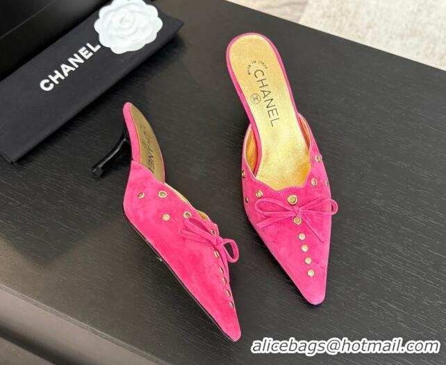Best Product Chanel Suede Heel Mules 6.5cm with Eyelets and Bow Dark Pink 2025 CH030323