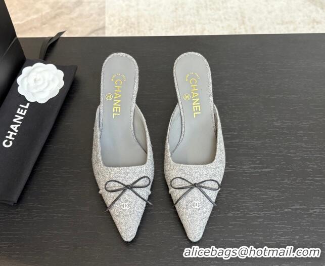 Pretty Style Chanel Fabric Heel Mules 6.5cm with Eyelets and Bow Light Grey 2025 CH030323