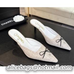 Unique Style Chanel Fabric Heel Mules 6.5cm with Eyelets and Bow Beige 2025 CH030323