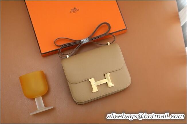 Top Grade Hermes Mini Constance 19 Bag in Original Epsom Leather H2802 Milk Tea/Gold 2025(Full Handmade)