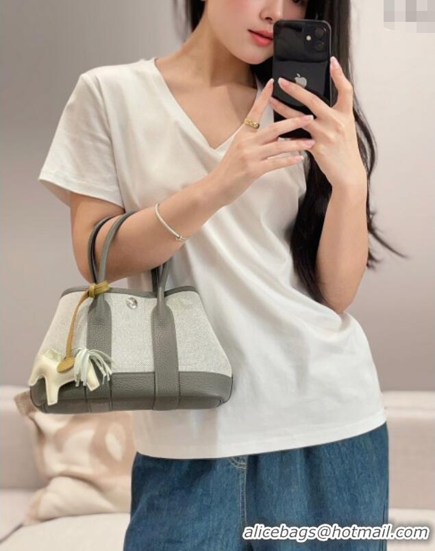 Buy Grade Hermes Garden Party Mini Bag 23cm in Canvas and Negonda Calfskin H1084 Cloud Grey 2025(Half Handmade)