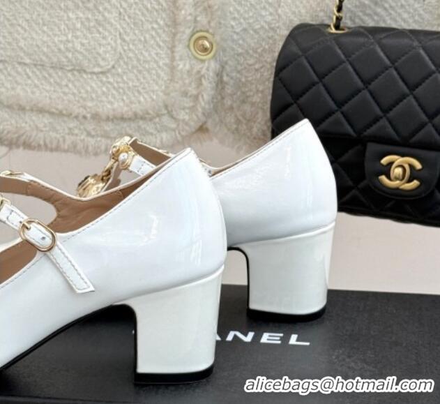 Buy Luxury Chanel Calfskin Mary Janes Pumps 5.5cm with Heart Stones Charm White 2025 CH030326
