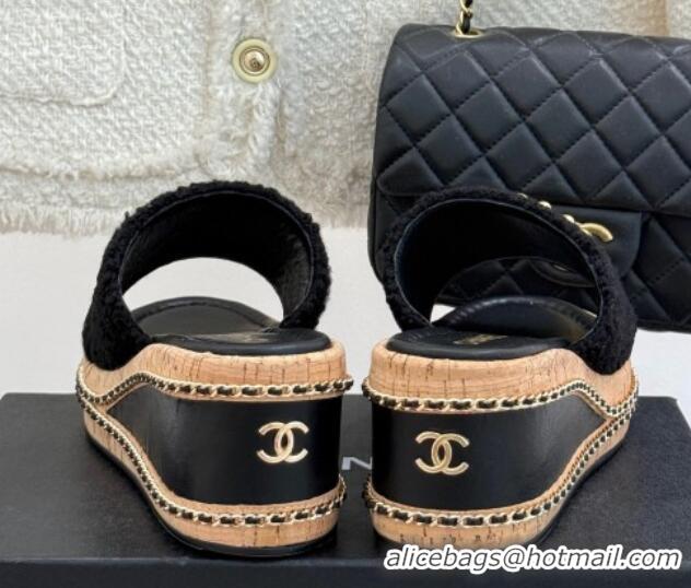 Stylish Chanel Tweed Wedge Slides Sandal 7cm with Chain and Stud CC Black 2025 CH030401