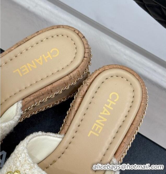 Grade Quality Chanel Tweed Wedge Slides Sandal 7cm with Chain and Stud CC Beige 2025 CH030401