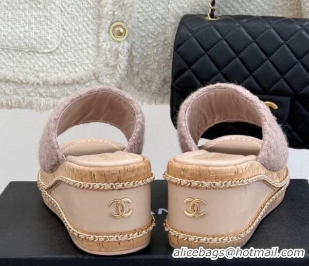 Top Design Chanel Tweed Wedge Slides Sandal 7cm with Chain and Stud CC Pink 2025 CH030401