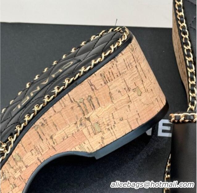 Charming Chanel Calfskin Wedge Slides Sandal with Chain and Heart Black 2025 CH030402