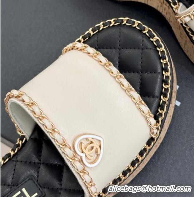Luxury Cheap Chanel Calfskin Wedge Slides Sandal with Chain and Heart White 2025 CH030402
