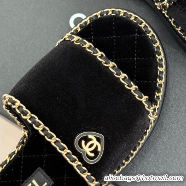 Classic Hot Chanel Velvet Flat Slides Sandal with Chain and Heart Black 2025 CH030402