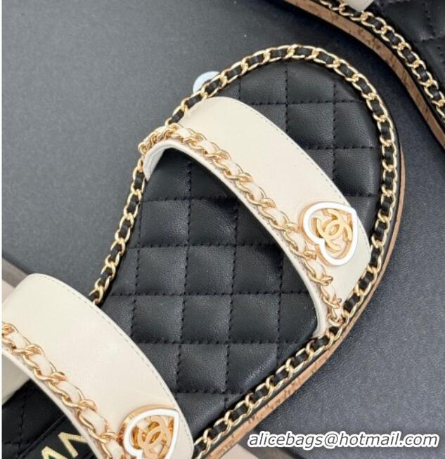 Classic Hot Chanel Calfskin Flat Sandals with Chain and Heart White 2025 CH030402