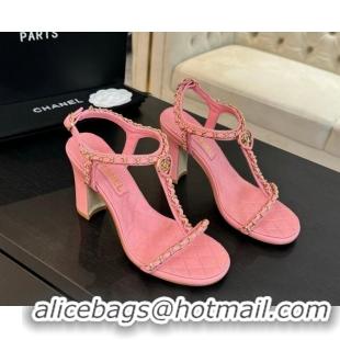 Buy Luxury Chanel Lambskin Heel Sandals 8.5cm with Chain and Heart G46109 Pink