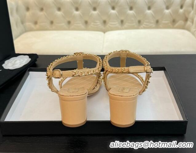 Best Price Chanel Lambskin Heel Sandals 4.5cm with Chain and Heart G46109 Beige Yellow