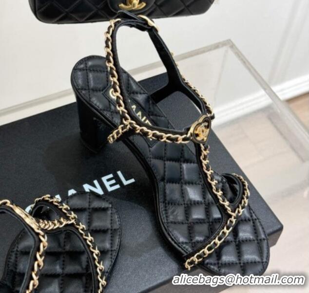 Purchase Chanel Lambskin Heel Sandals 8.5cm with Chain and Heart G46109 Black