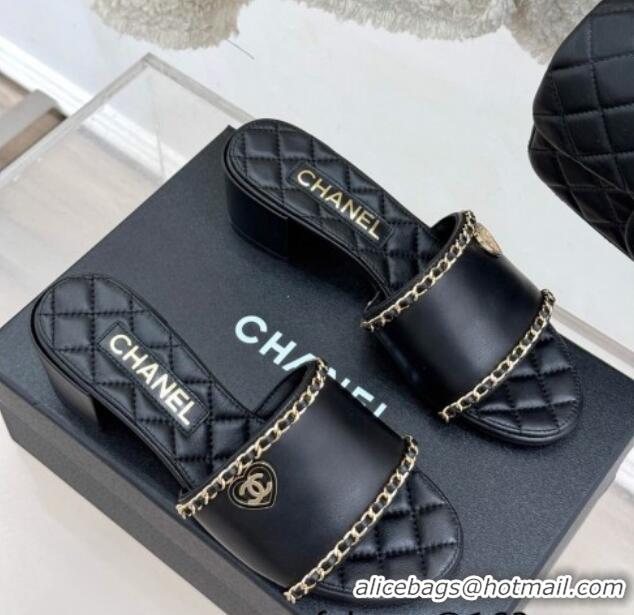 Shop Duplicate Chanel Lambskin Heel Slides Sandal with Chain and Heart G46109 Black 2025