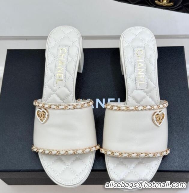 Good Quality Chanel Lambskin Heel Slides Sandal with Chain and Heart G46109 White 2025