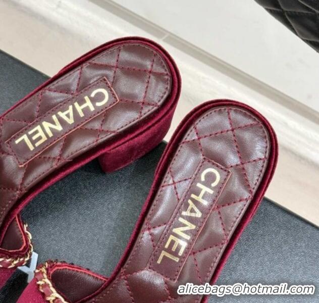 Grade Quality Chanel Velvet Heel Slides Sandal with Chain and Heart G46109 Dark Burgundy