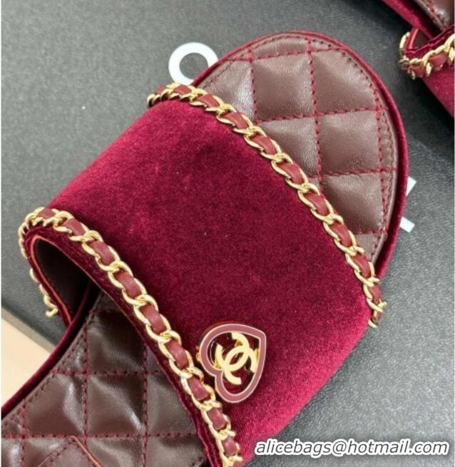 Top Grade Chanel Lambskin Flat Slides Sandal with Chain and Heart G46109 Dark Burgundy