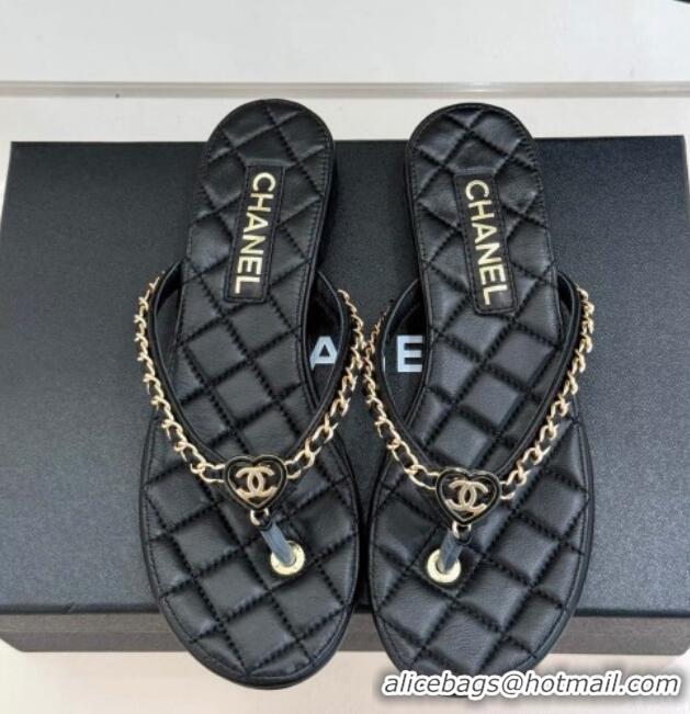 Perfect Chanel Lambskin Flat Thong Slide Sandal with Chain and Heart G46109 Black