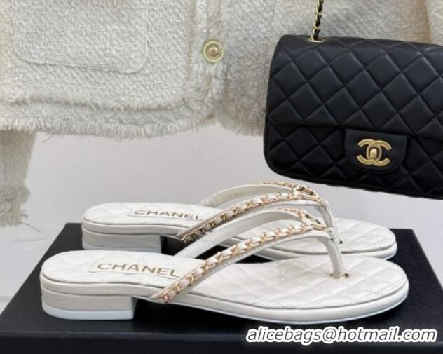 Popular Style Chanel Lambskin Flat Thong Slide Sandal with Chain and Heart G46109 White