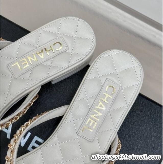 Popular Style Chanel Lambskin Flat Thong Slide Sandal with Chain and Heart G46109 White
