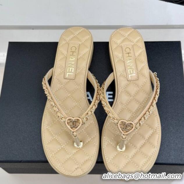 Shop Cheap Chanel Lambskin Flat Thong Slide Sandal with Chain and Heart G46109 Beige